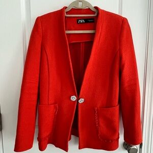 Zara Red Tailored Blazer with V-Neck